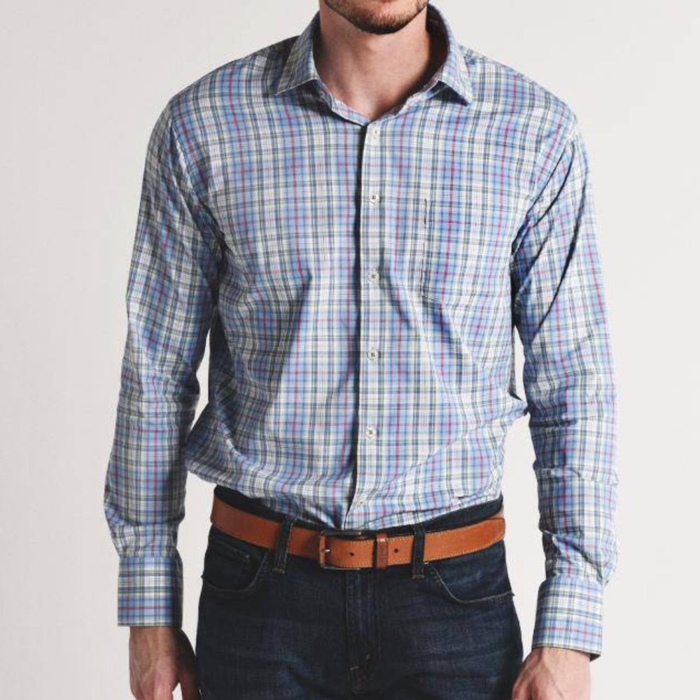 Peter Millar Men’s Performance‎ Plaid Woven Shirt Large Blue Red Green Plaid
